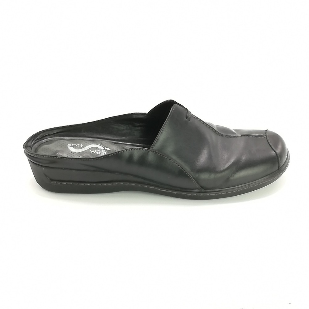 Soft Walk Shoes Womens Mule Black Leather‎ Comfort Slide On Top Stitch 9.5